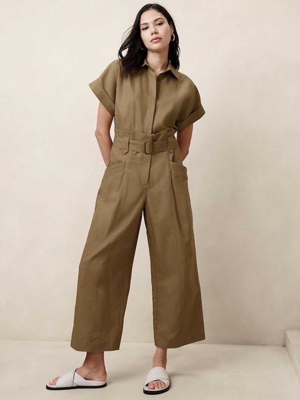 Banana Republic Tan Linen Belted Collared Utility Safari Jumpsuit size 12